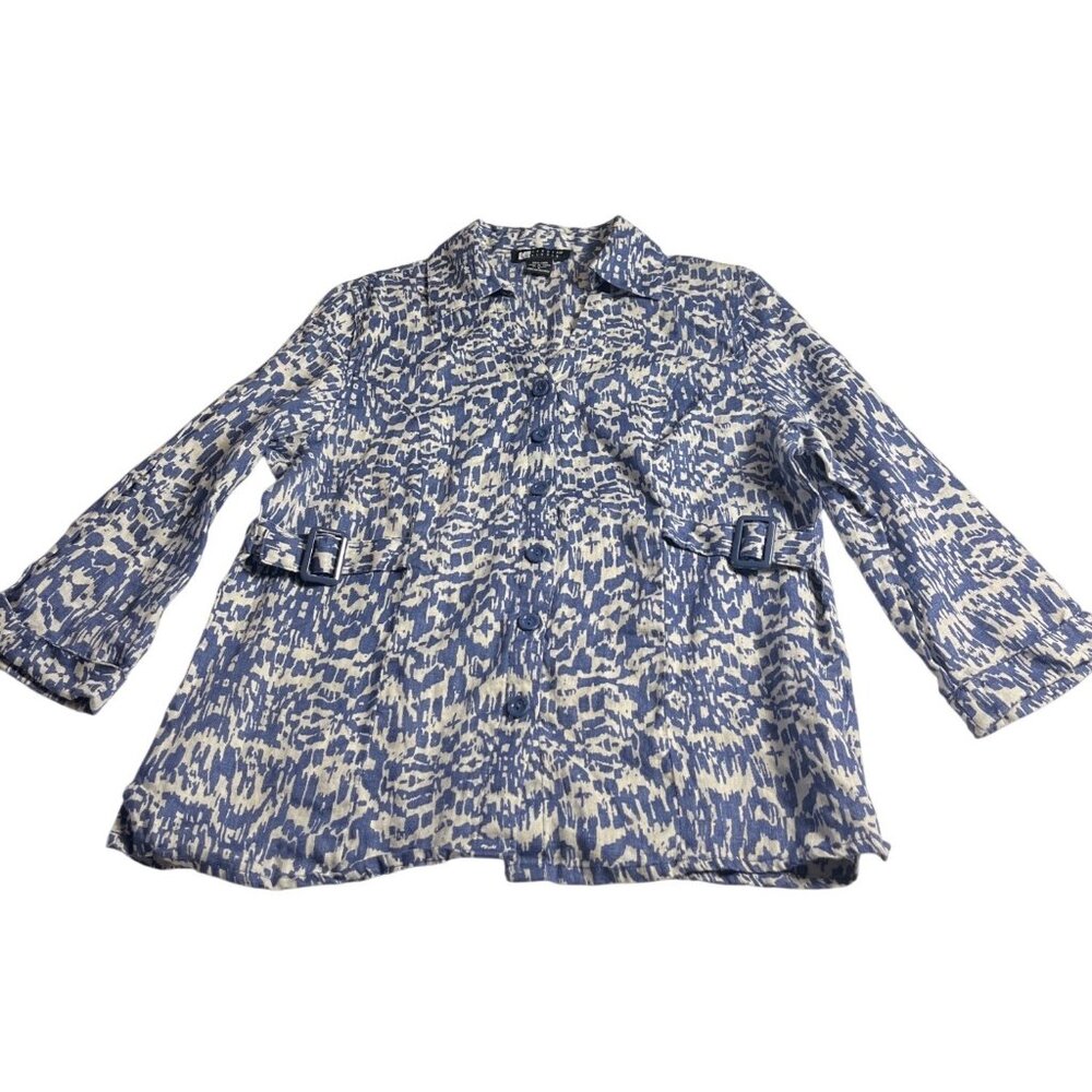 Carole Little L Blue & White Abstract Print 100% Linen Button-Up Jacket buckle